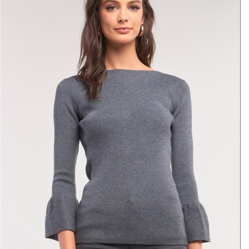 Black Ribbed Knit Boat Neck 3/4 Bell Sleeve Fitted
